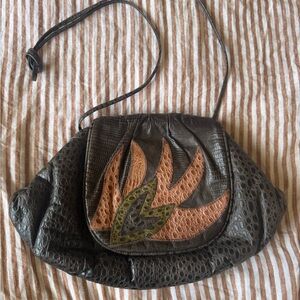 Vintage Brown Shoulder Bag with Tan & Olive Leaf Appliqué